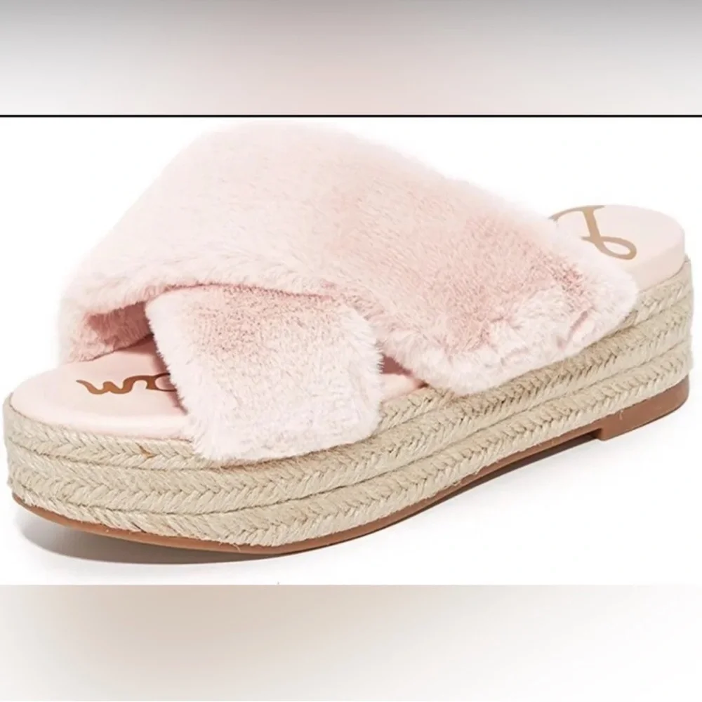Sam Edelman Zia pink Criss Cross Faux Fur Platform Espadrille Sandal - Picture 2 of 7